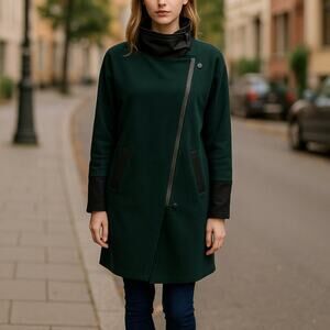 Cabi Renaissance Dark Forest Green High Neck Asymmetrical Zip Coat